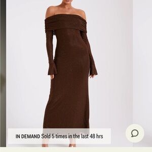 Marcel (Off Shoulder Diamanté Long Sleeve Maxi Dress - Brown)